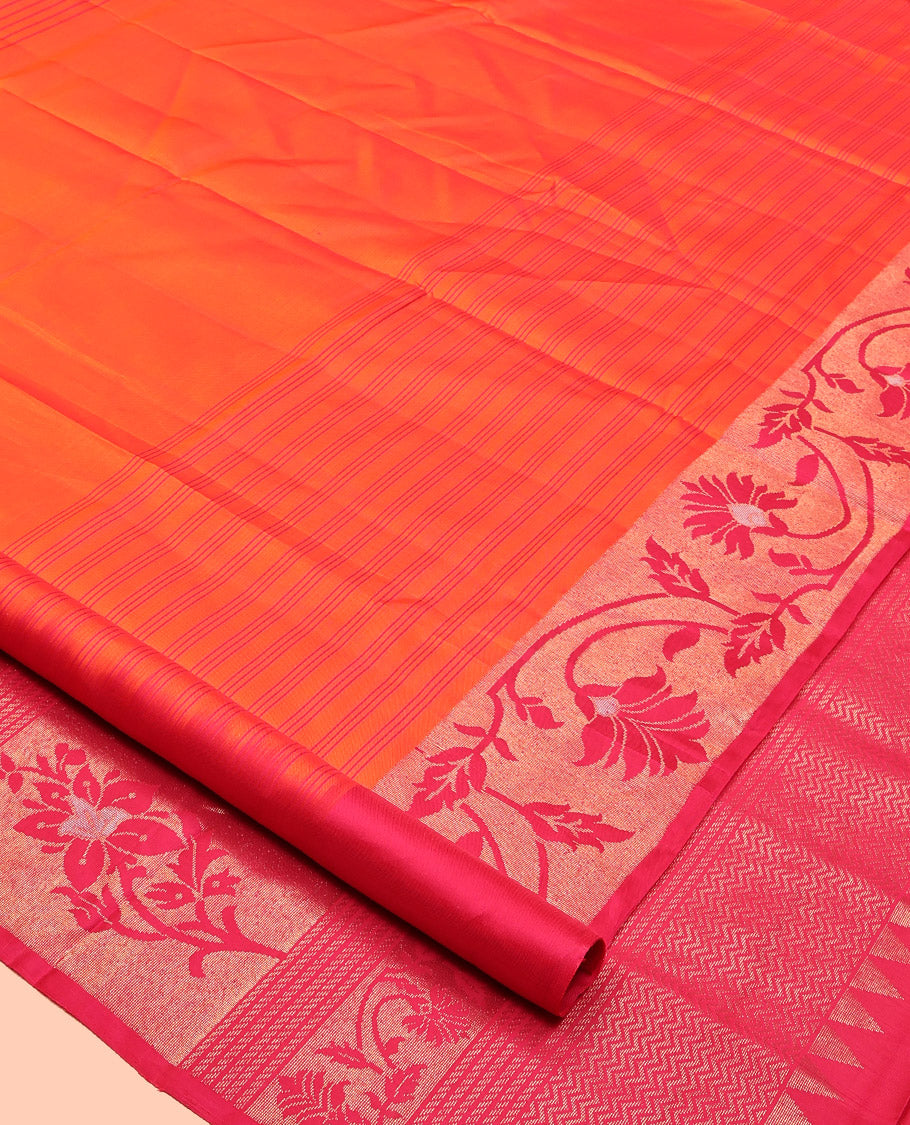 Orange Mayuri Soft Silk Saree, Subtly Sparkled with Stripes, Complemented by a Contrast Floral Creeper Border, a Pallu of Floral Designs, and a Contrast Blouse