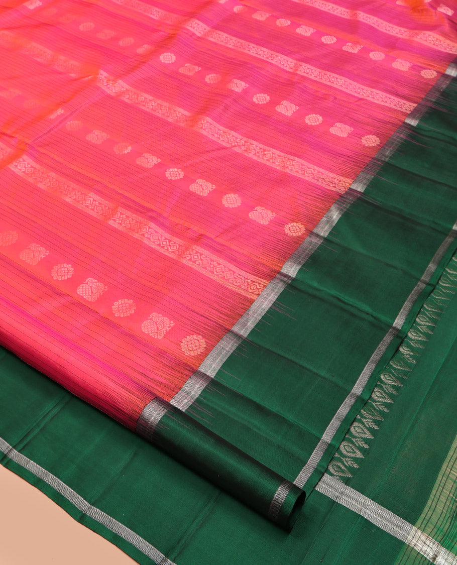 Pink Kanchipuram Silk Saree, Sparsely Woven with Buttas and Stripes, Complemented by a Contrast Bodi Border, Grand Pallu, and a Contrast Blouse