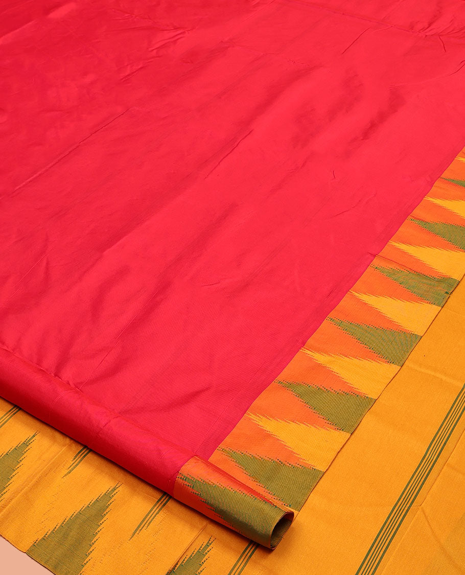 Red Plain Bangalore Silk Saree, Complemented by a Contrast Temple Border, Pallu of Stripes, and a Contrast Blouse
