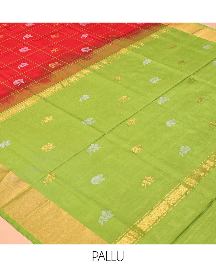 Red Uppada Silk Saree, Gleamed Up with Butta Enclosed Checks, a Contrast Zari Border, Pallu of Zari Designs, and a Contrast Blouse