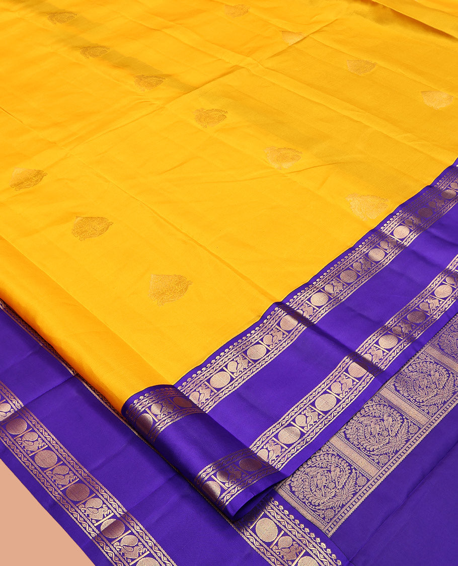 Yellow Vasundhara Lite-Silk Mix Saree, Sparsely Woven with Zari Buttas, a Contrast Rettai Pettu Border of Mayil and Rudraksham Design, Intricately Designed Pallu, and a Contrast Blouse