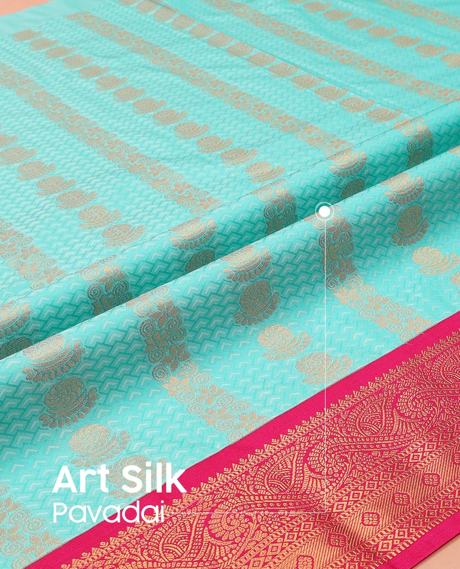Turquoise Art Silk Pavadai Material Set Featuring Chevron and Floral Patterns on Its Skirt, Complemented by Contrast Traditional Zari Design Border, and Paired with a Contrast Blouse