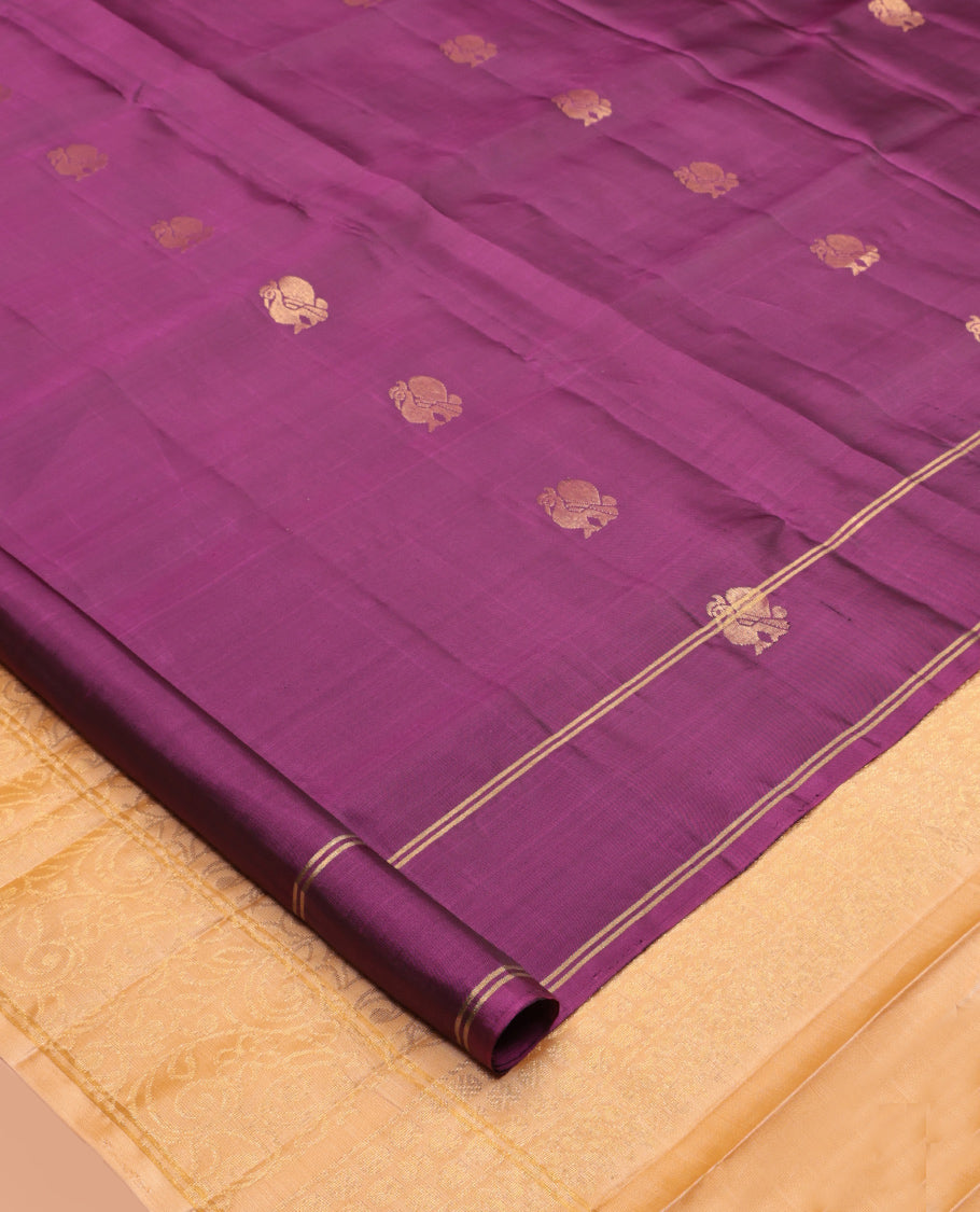 Purple Mayuri Lite Silk Mix Saree, Adorned with Mayil Buttas, a Self-Border of Mayil Designs, Contrast Floral Pallu, and a Contrast Blouse