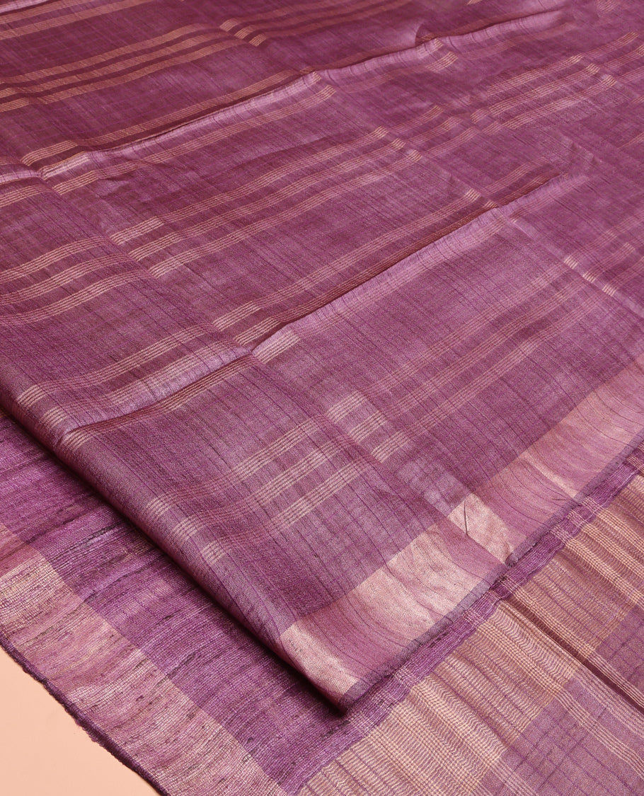 Purple Tussar Saree, Subtly Sparkled with Stripes and Checks, a Subtle Border, Striped Pallu, and a Matching Blouse
