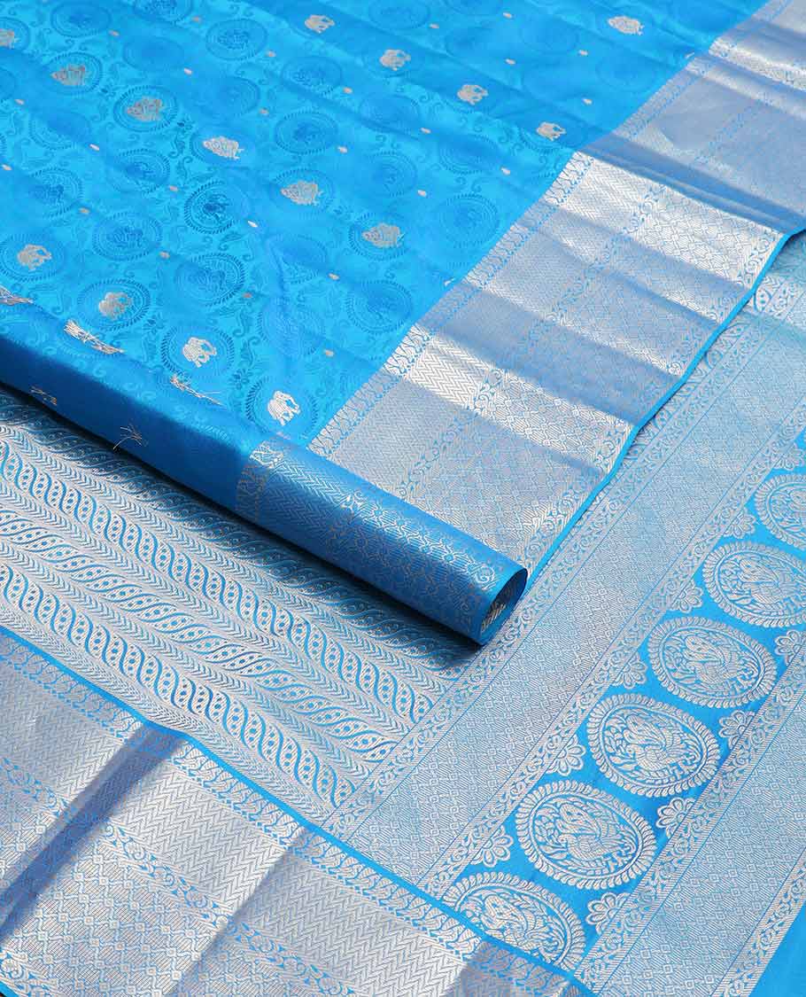 Light blue elephant, floral design kancheepuram silk saree with self intricate zari design border & floral design pallu