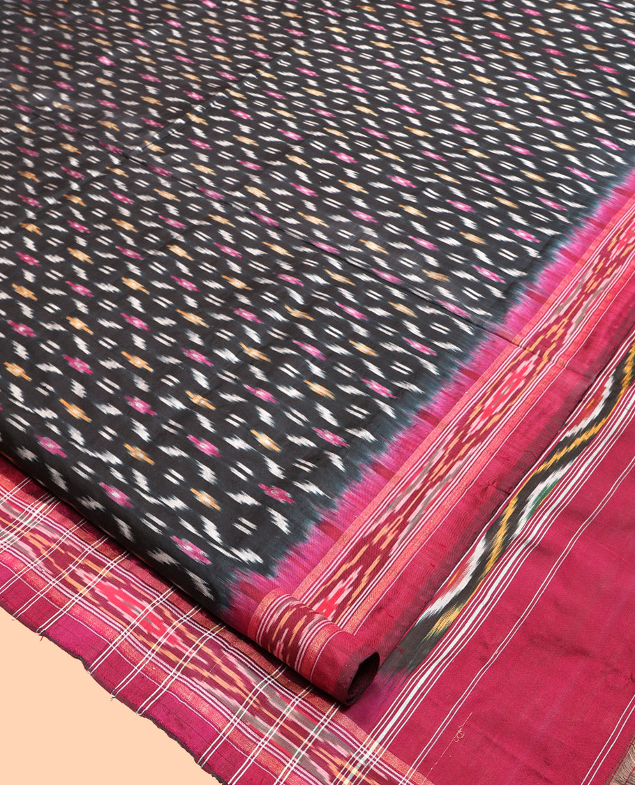 Black Pochampally Ikat Silk Saree, Steeped with Ikat Buttas, Complemented by a Contrast Ikat Border, Ikat Woven Pallu, and No Blouse