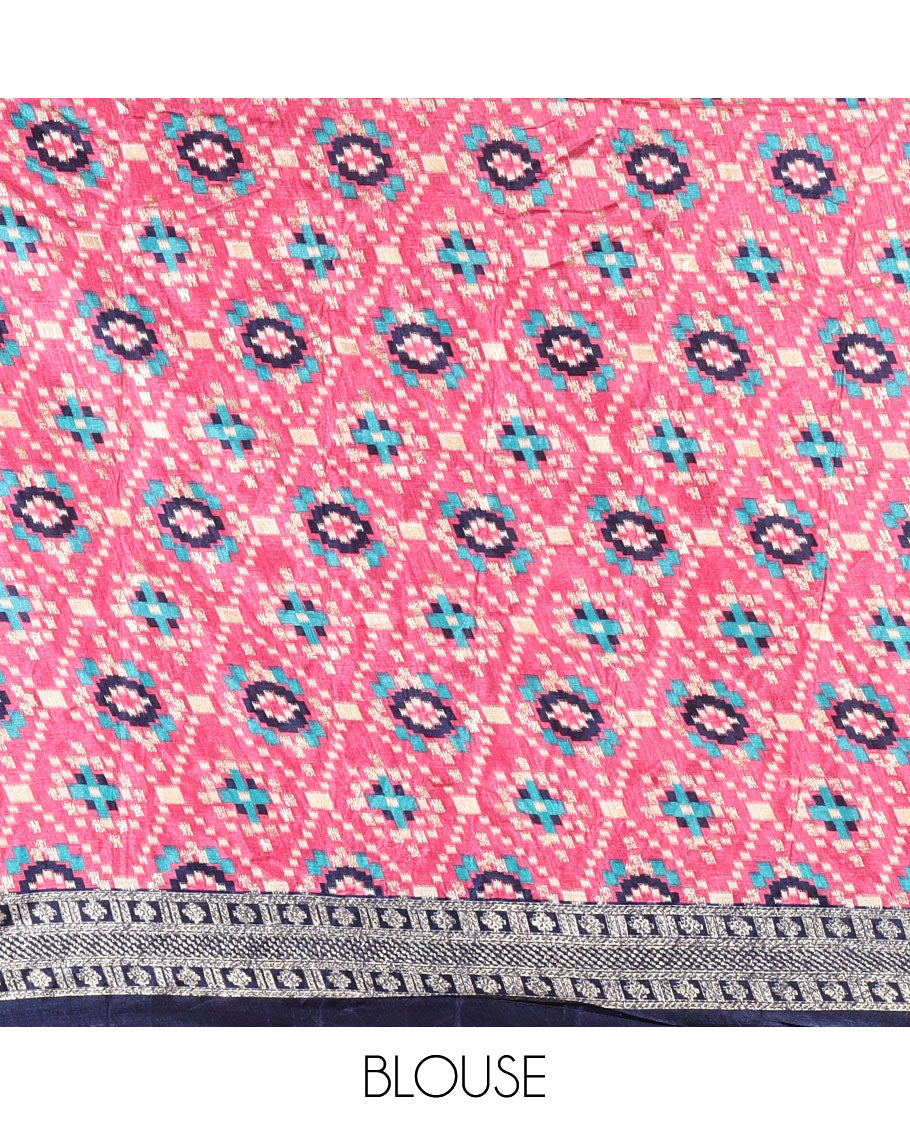 Pink semi-tussar half-saree, kalamkari human figurines printed with a contrast geometric bordered skirt, patola printed blouse, and kalamkari floral vine printed dhavani