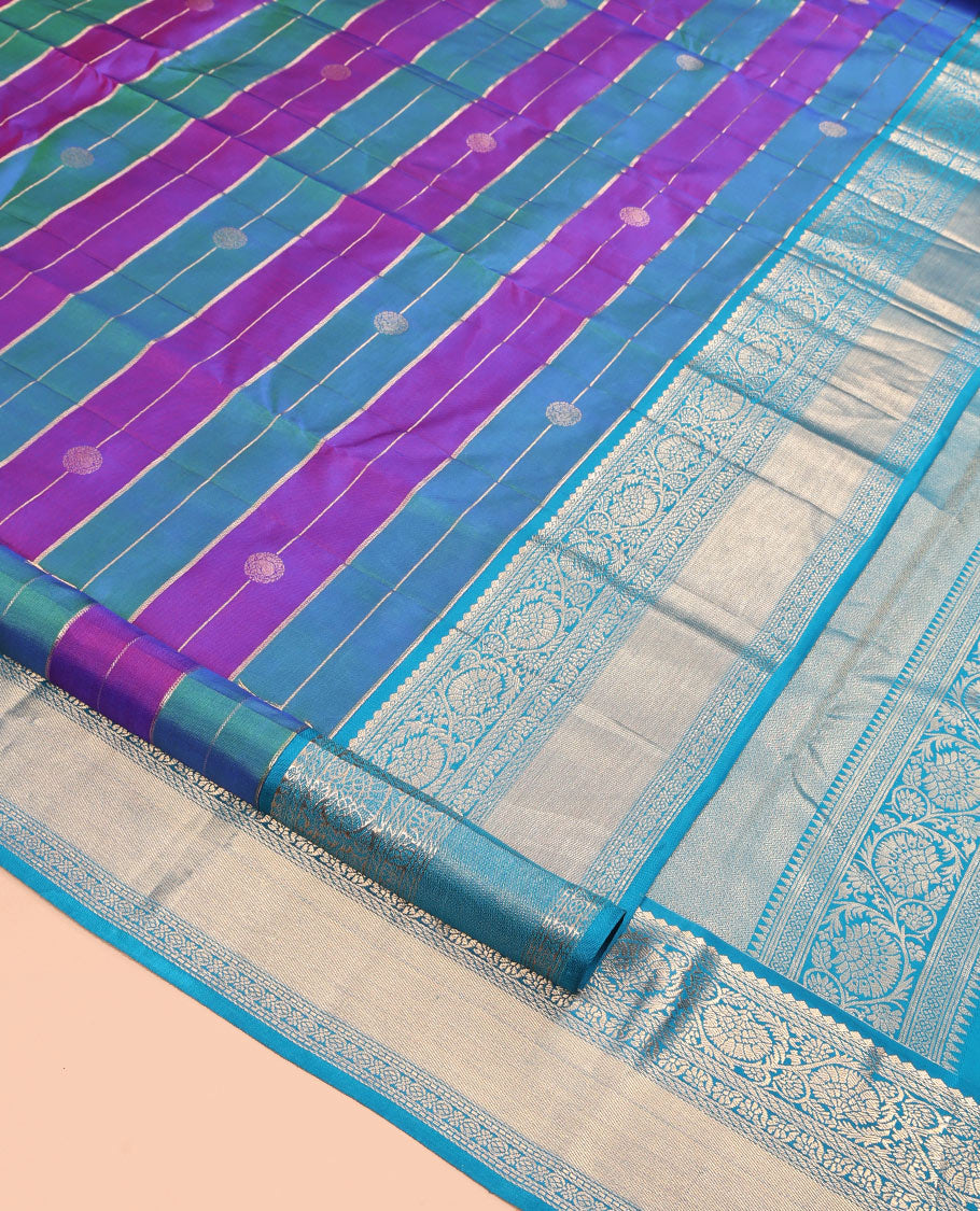 Blue-Purple Vasundhara Silk Saree, Adorned with Buttas and Stripes, Contrast Kodi Visiry Border, Rich Pallu, and Contrast Blouse