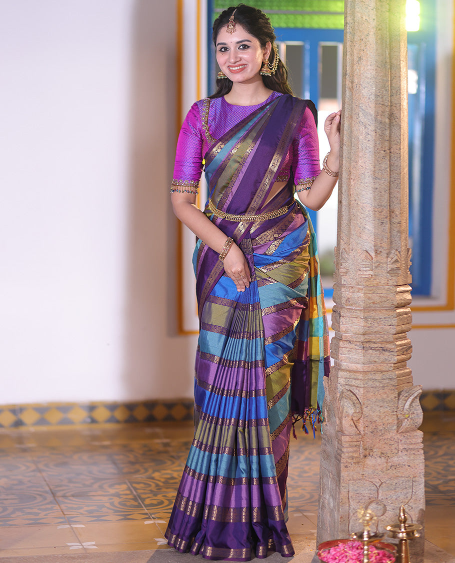 Multi Color Semi-Soft Silk Saree, Richly Detailed with Multi-color Stripes and Traditional Zari Designs On Its Body, Complemented by Contrast Rettai Pettu Traditional Zari Designs Woven Border, Grand Pallu and Paired with a Contrast Blouse