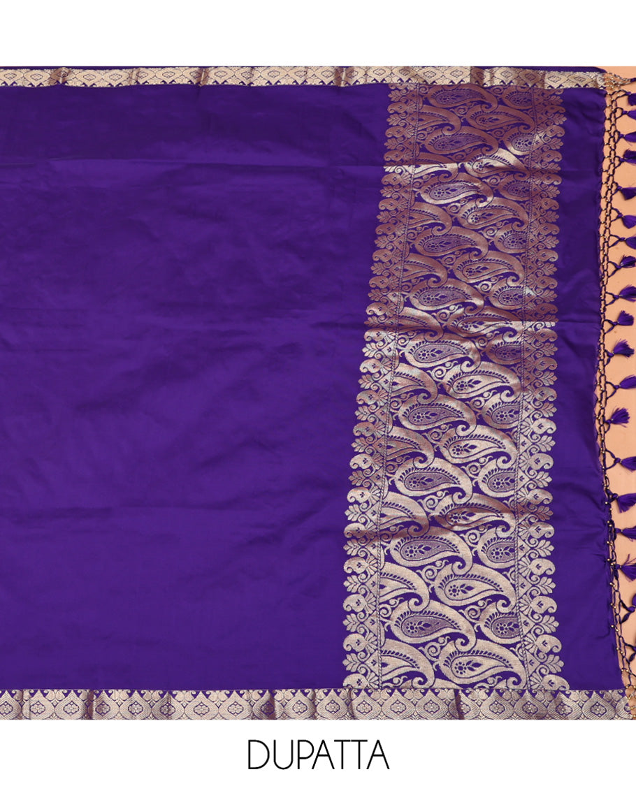 Orange Art Silk Material Half Saree Set, Adorned with Jacquard Design Skirt, a Contrast Meenakari Border, Contrast Blouse, and an Intricately Designed Dhavani