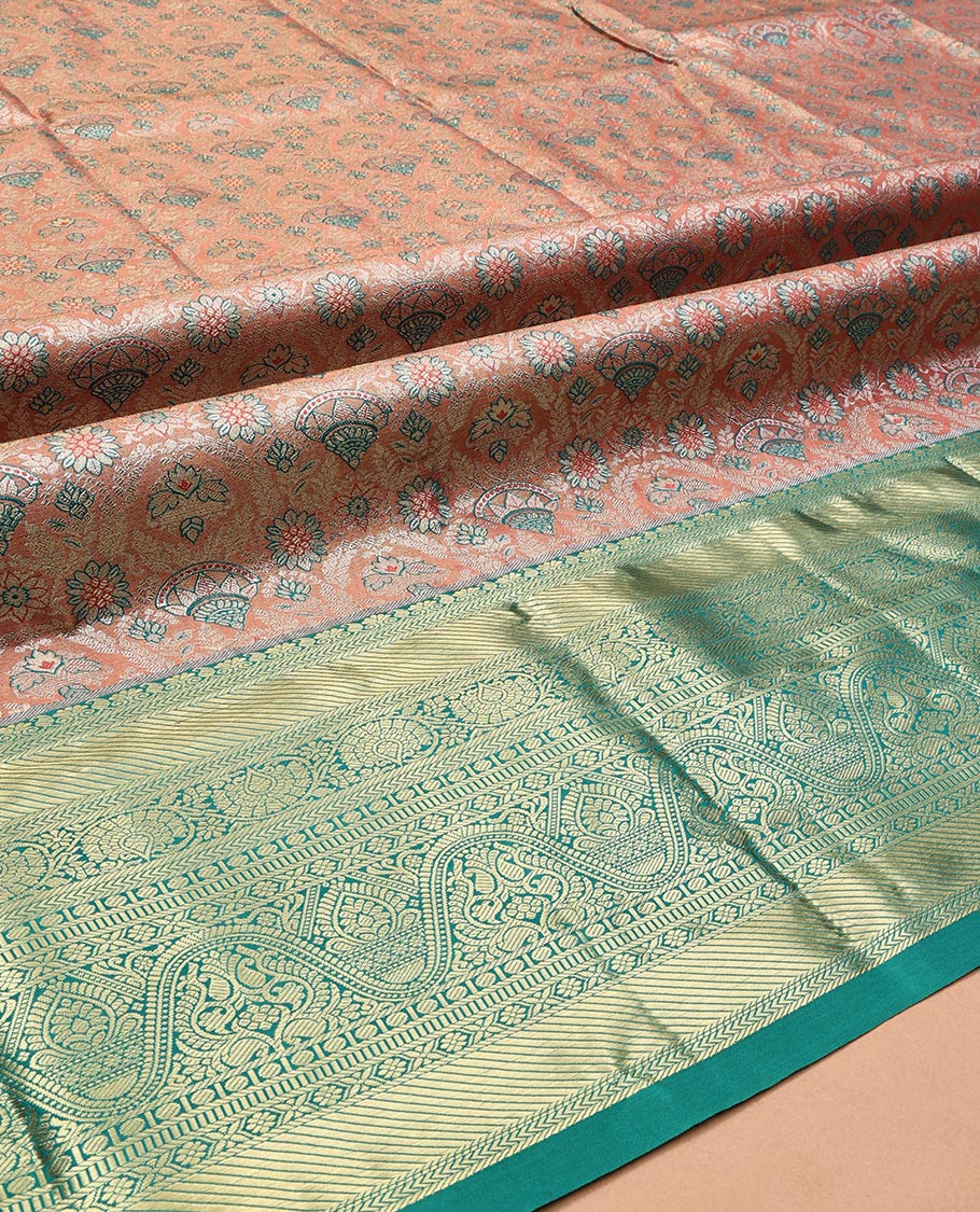 Peach Art Silk Half-Saree, Adorned with Jacquard Design, Contrast Traditional Zari Border, Paired with a Contrast Jacquard Blouse, and an Intricate Dhavani