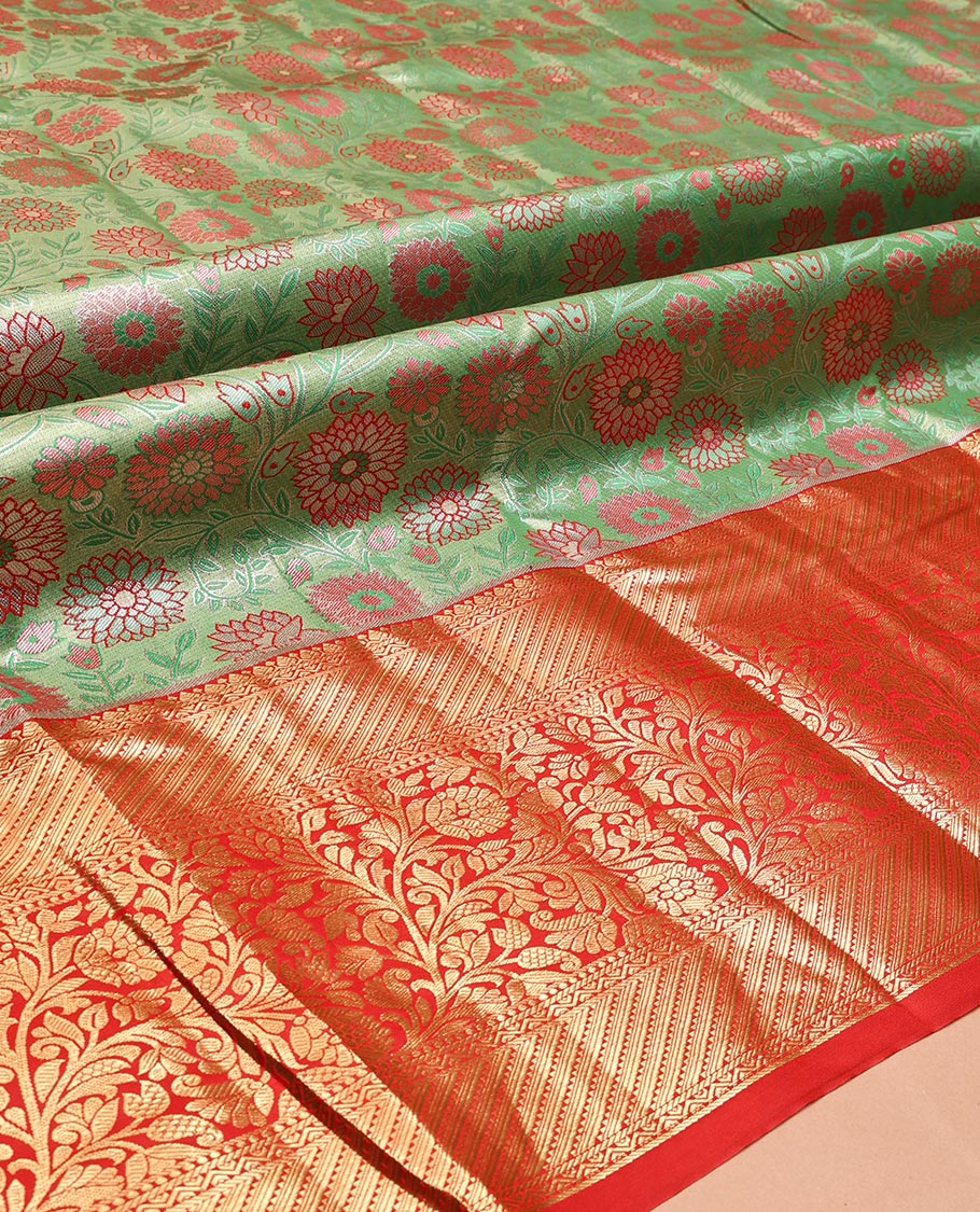 Green Art Silk Half-Saree, Adorned with Floral Jacquard Design, Contrast Traditional Zari Border, Paired with a Contrast Jacquard Blouse, and an Intricate Dhavani