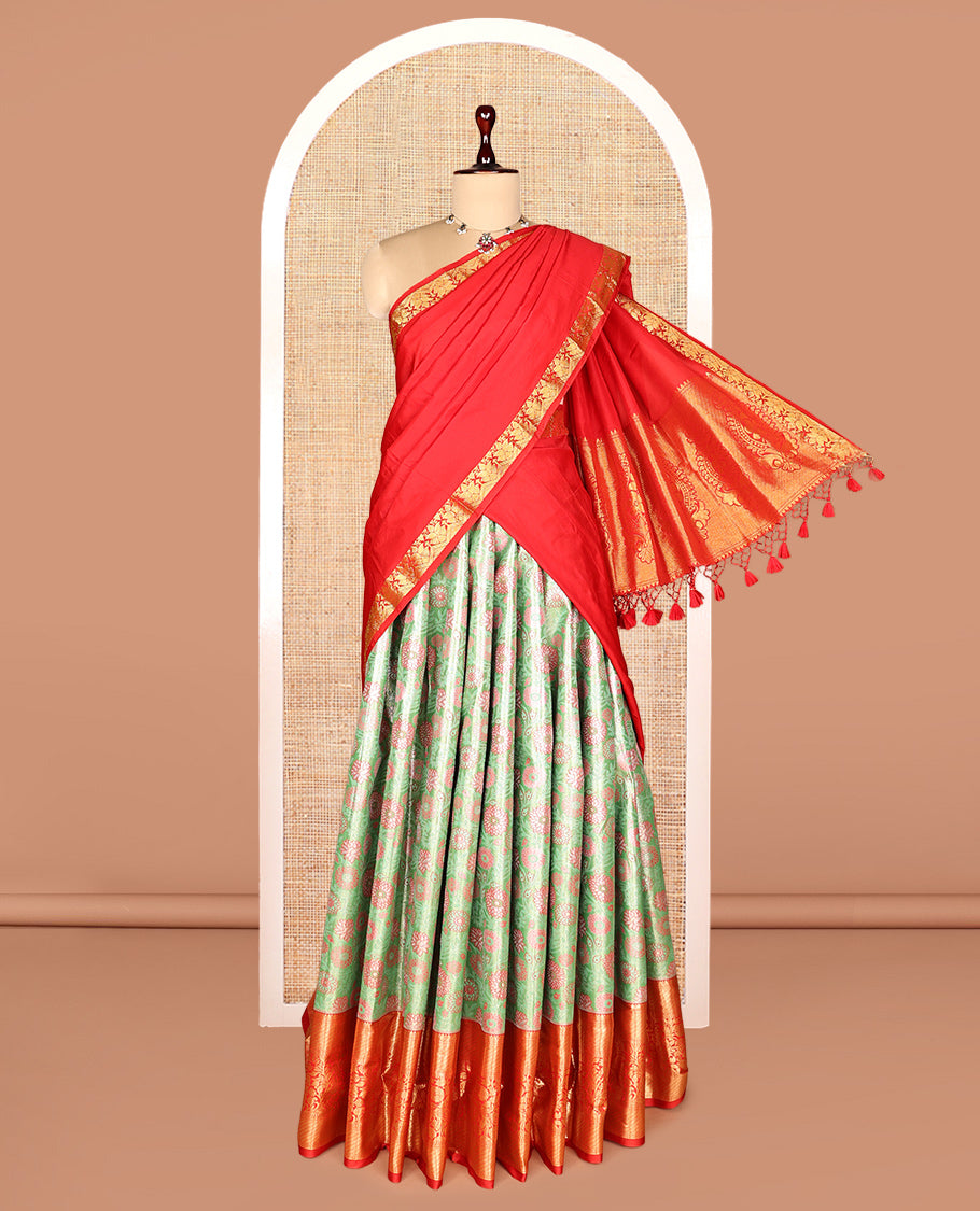 Green Art Silk Half-Saree, Adorned with Floral Jacquard Design, Contrast Traditional Zari Border, Paired with a Contrast Jacquard Blouse, and an Intricate Dhavani