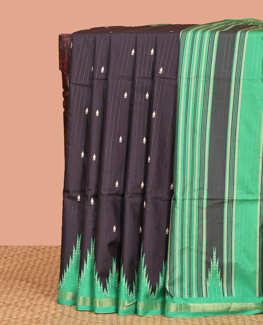 Black Kathan Silk Saree Adorned with Buttas, Contrast Temple Border, Temple pallu, and Striped Blouse