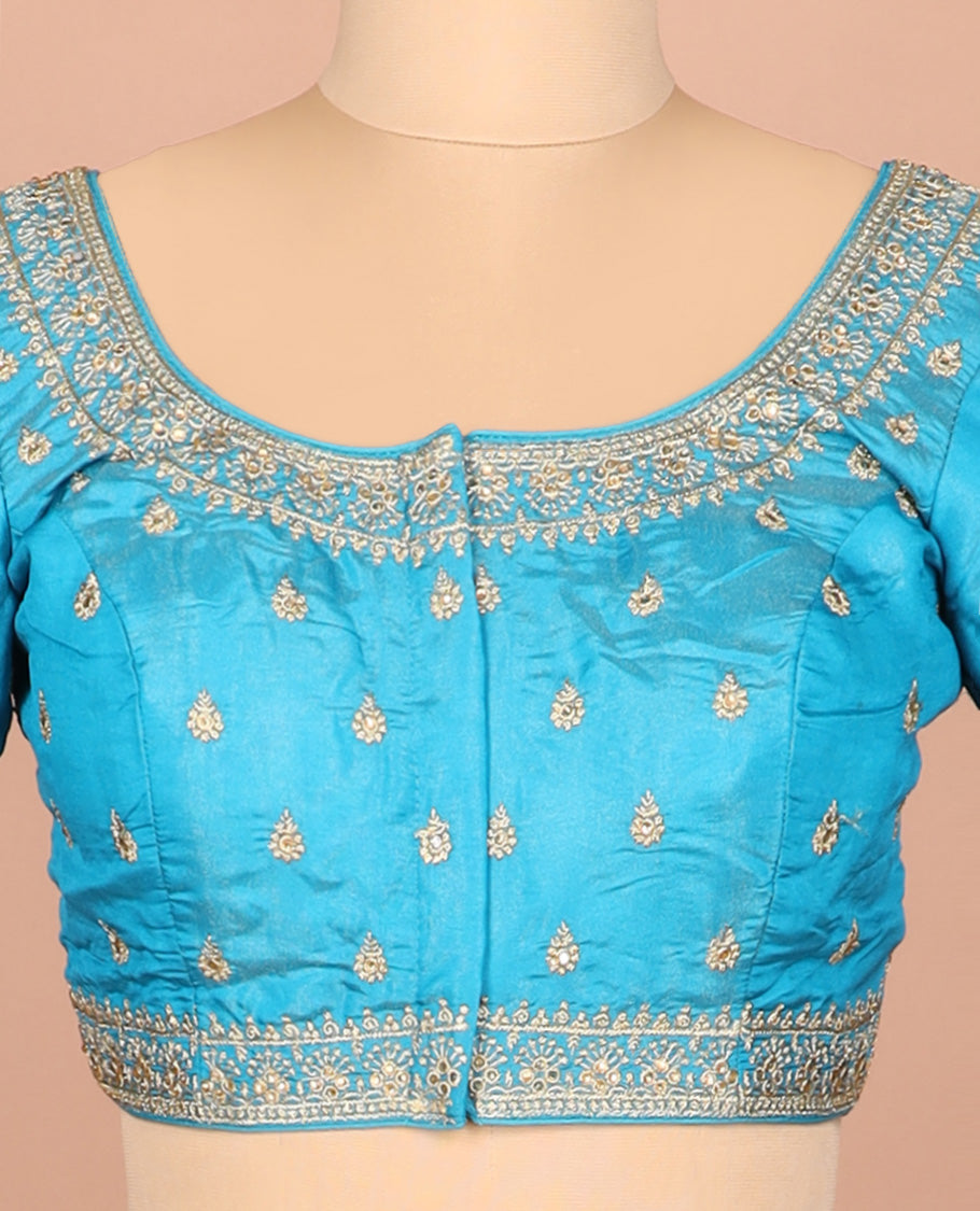 Blue thread embroidered front-and-back round elbow-sleeve readymade blouse