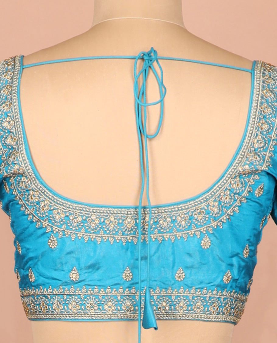 Blue thread embroidered front-and-back round elbow-sleeve readymade blouse