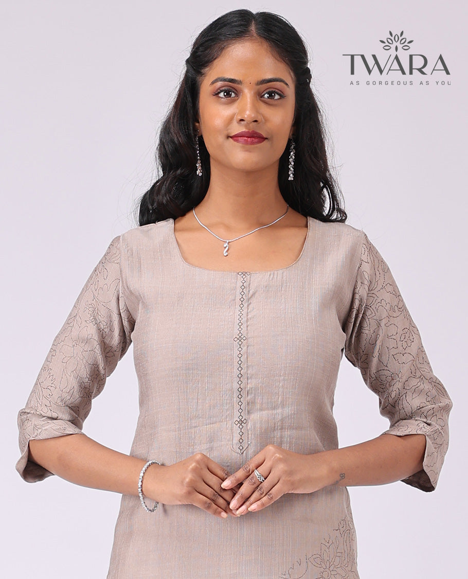 Twara Grey floral embroidery square neck, knee length , elbow sleeve kurti