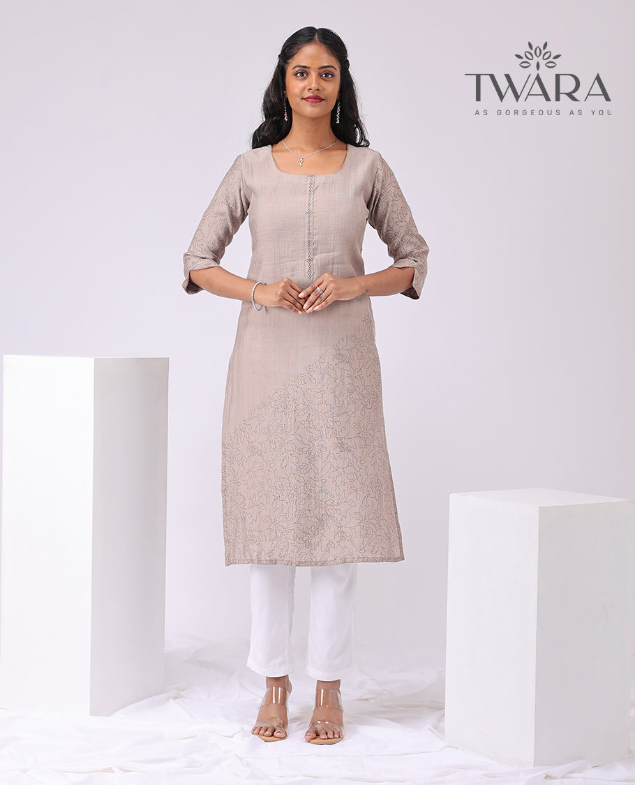 Twara Grey floral embroidery square neck, knee length , elbow sleeve kurti