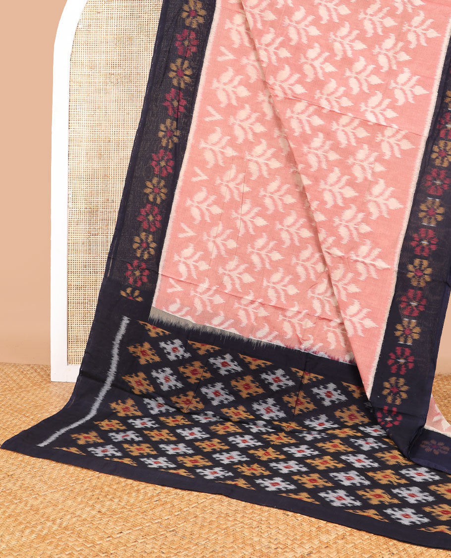 Peach floral ikkat cotton saree with contrast floral design border & floral design pallu
