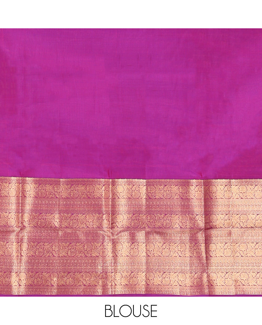 Scintillating Pink Vasundhara Lite-Silk Mix Saree, Gleamed Up with Zari on Its Body, Highlighted by Thazampoo Rekku Border of Neli, Paisa, Cross Kamalam, and Kodi Visiry Designs, a Grand Geometric-Patterned Pallu, and Paired with a Matching Blouse