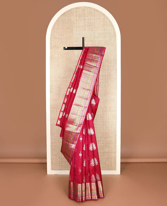 Red zari buttas vasundhara silk mix saree, jaal pallu & self-border of ara bogudi,banaras,muthu,poun,kamalam,neli & mayil