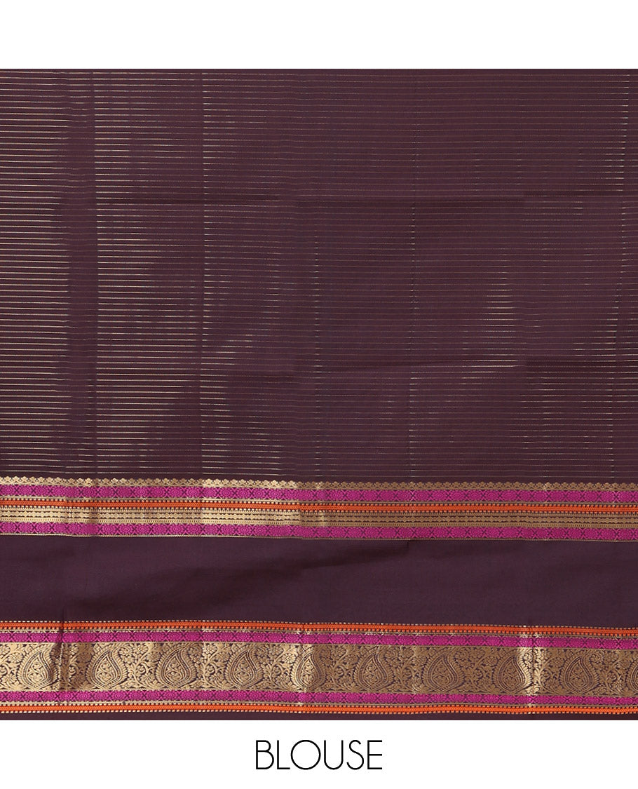 Orange Vasundhara Lite Silk Saree, Subtly Detailed with Stripes, Complemented by a Contrast Rettai Pettu Border of Salngai, Cross Kamalam, Muthu, Kathir, Diamond, and Arumbu Manga Designs, Grand Jaal Pallu, and Paired with a Contrast Blouse