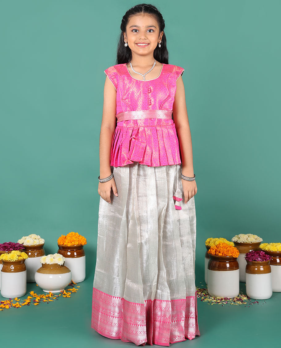 Grey readymade art silk pavadai, plain & contrast traditional zari border skirt & jacquard sleeveless round-neck blouse with belt