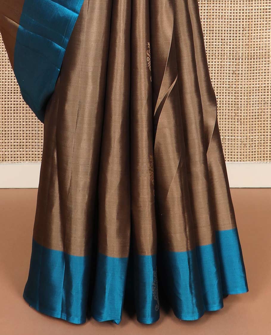 Brown silk mix saree with zari buttas, contrast zari design border & geometric patterned pallu