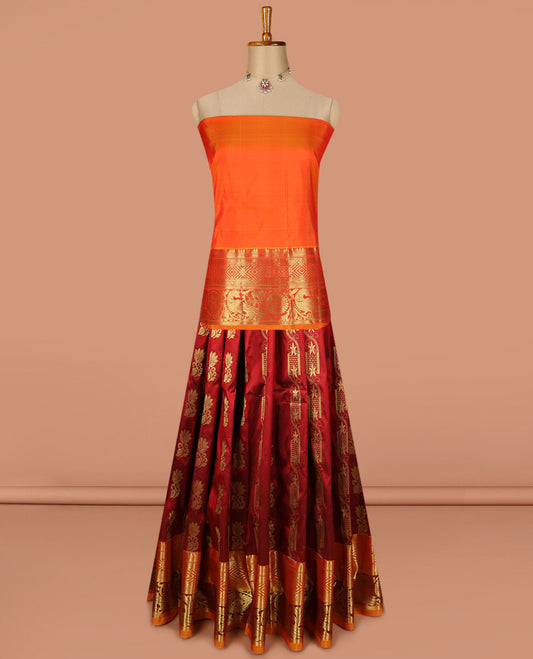 Maroon pure silk half saree, zari buttas skirt, contrast border and blouse of thilakam mokku, banaras, kathir, vanki, and mayil chakram design, and paiyaadi kattam dhavani