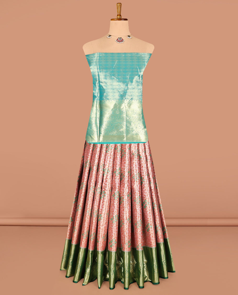 Peach Art Silk Half-Saree, Adorned with Jacquard Design, Contrast Traditional Zari Border, Paired with a Contrast Jacquard Blouse, and an Intricate Dhavani