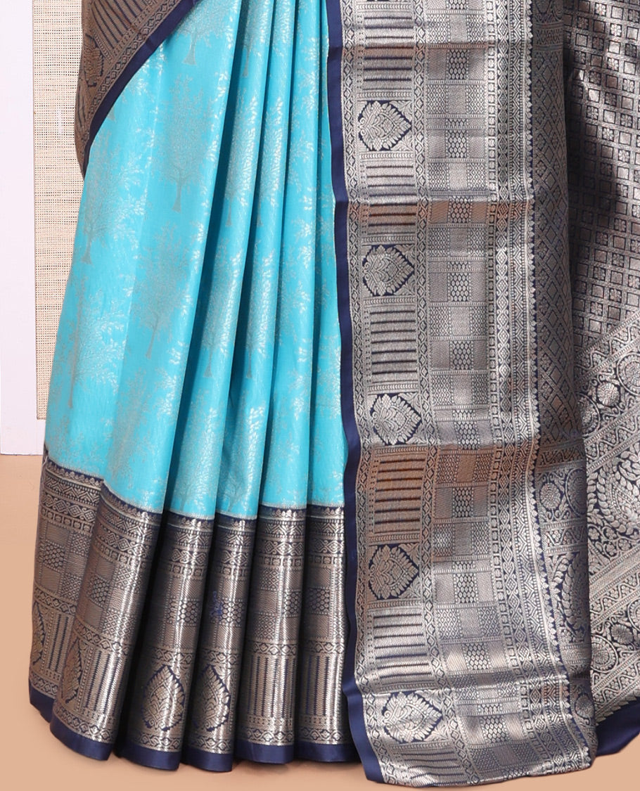 Light Blue-Navy Blue Tree Zari Butta Budget Silk Saree