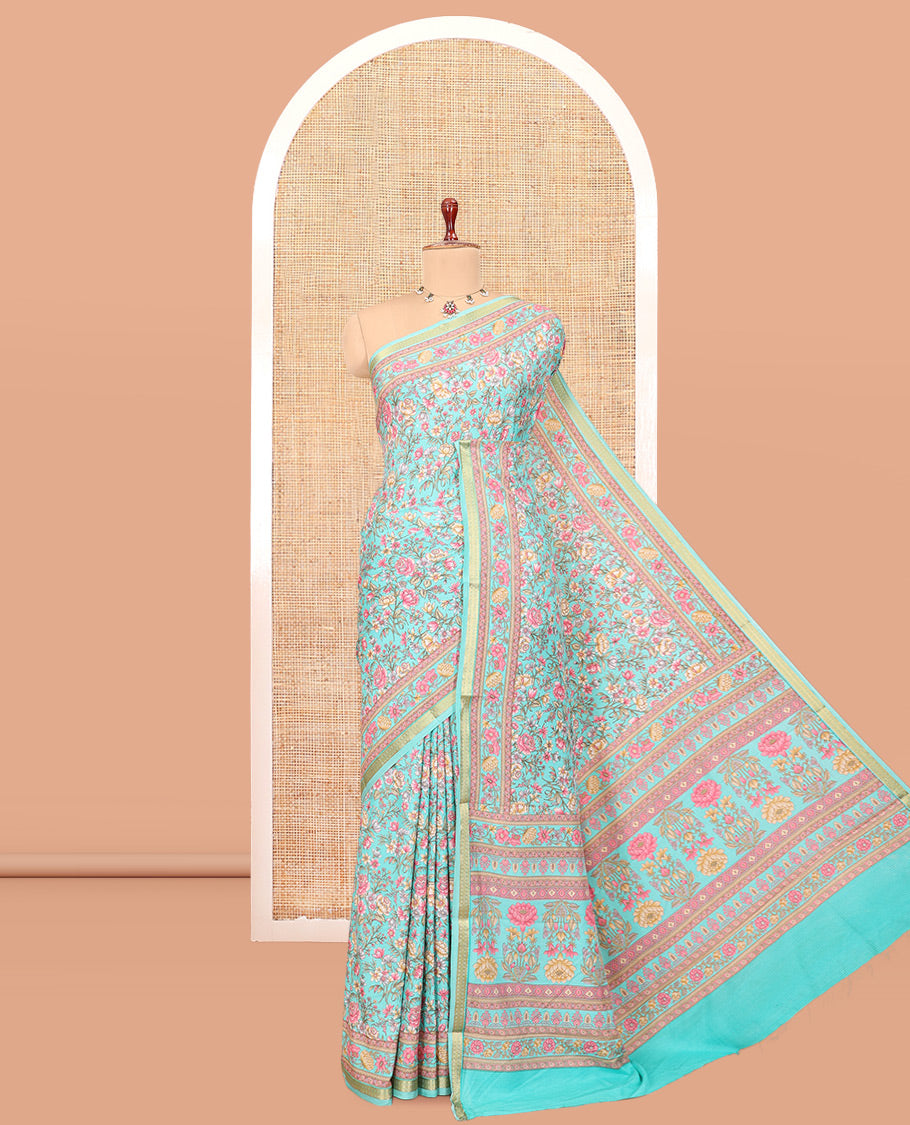 Turquoise Printed Silk Saree, Mesmerized with Floral Vine Print, a Traditional Zari Border, Floral Print Pallu, and a Matching Blouse