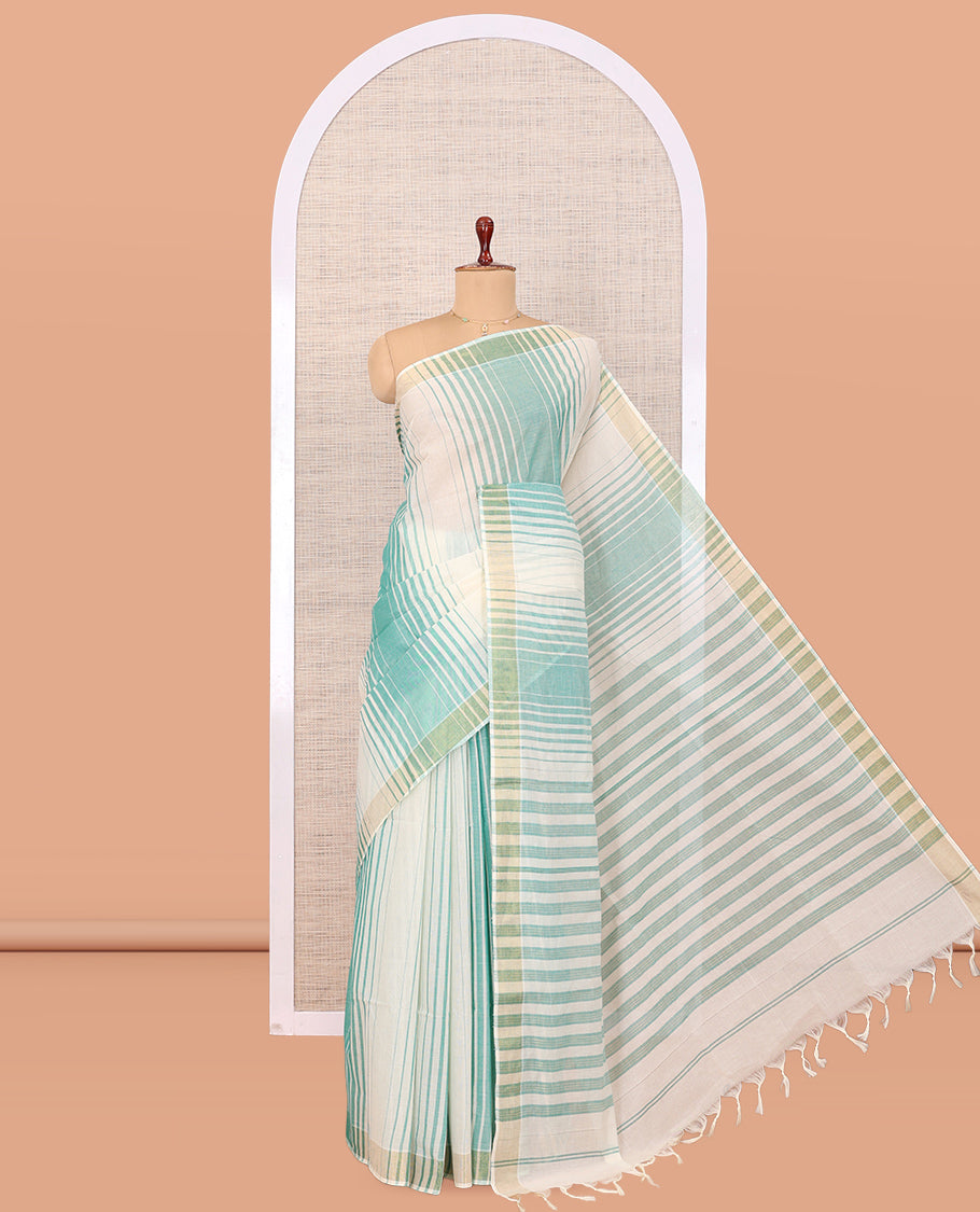 Cream-Pale Green Jute Cotton Saree