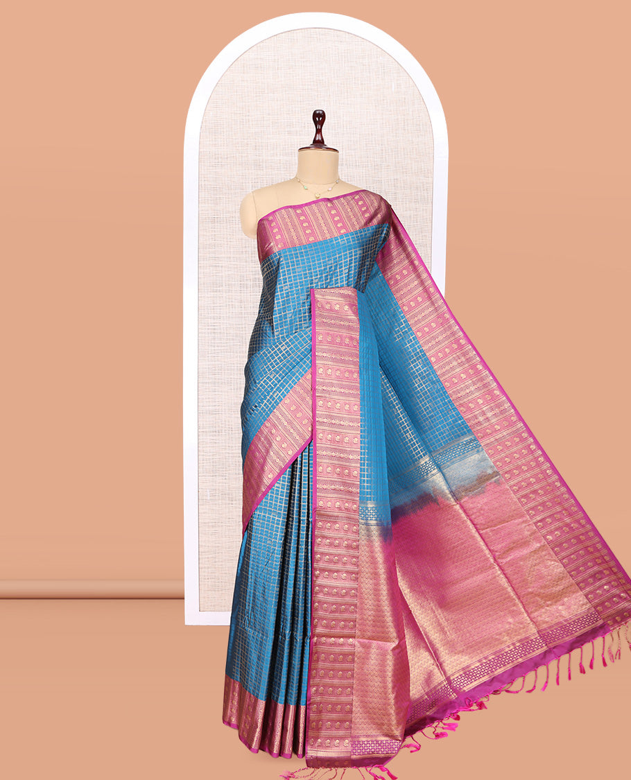 Blue Peacock Checks Budget Silk Saree