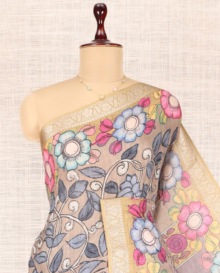 Pale Brown Kalamkari Printed Fancy Tussar Saree