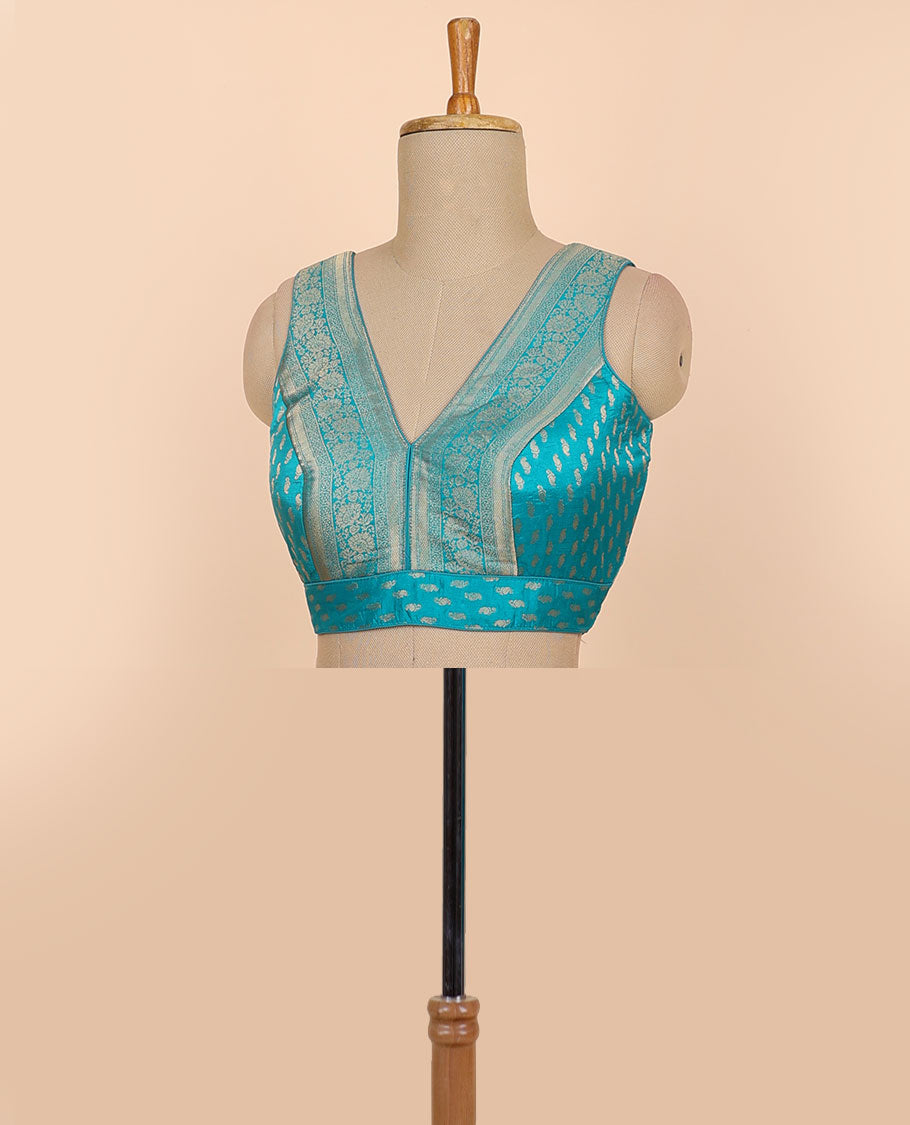 Blue floral zari design front & back deep v-neck raw-silk readymade sleeveless blouse