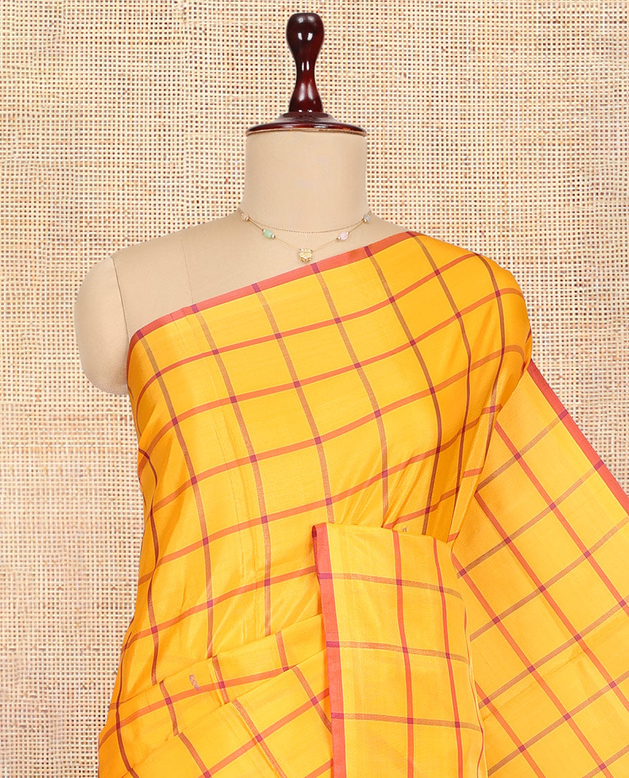 Borderless Orange Checked Banana Pith Saree, a Contrast Pallu of Buttas and Stripes, and a Contrast Blouse