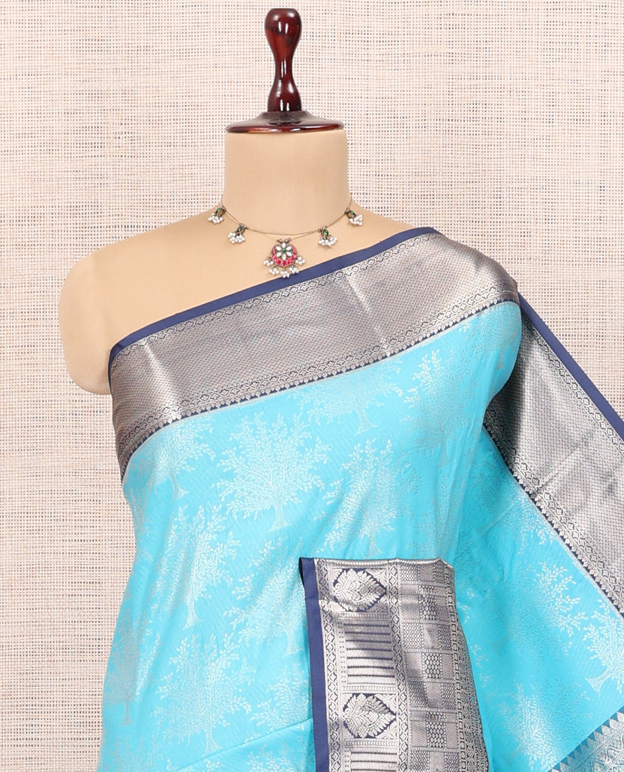 Light Blue-Navy Blue Tree Zari Butta Budget Silk Saree