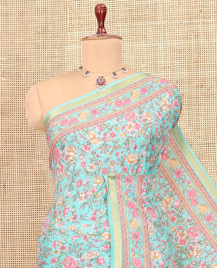 Turquoise Printed Silk Saree, Mesmerized with Floral Vine Print, a Traditional Zari Border, Floral Print Pallu, and a Matching Blouse