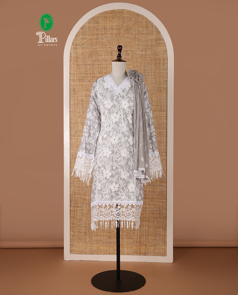 Grey chudidar material set, floral embroidery with daman crochet lace work jam cotton top, white thread argyle design embroidery with lace work nazlin dupatta, unique motifs printed bottom