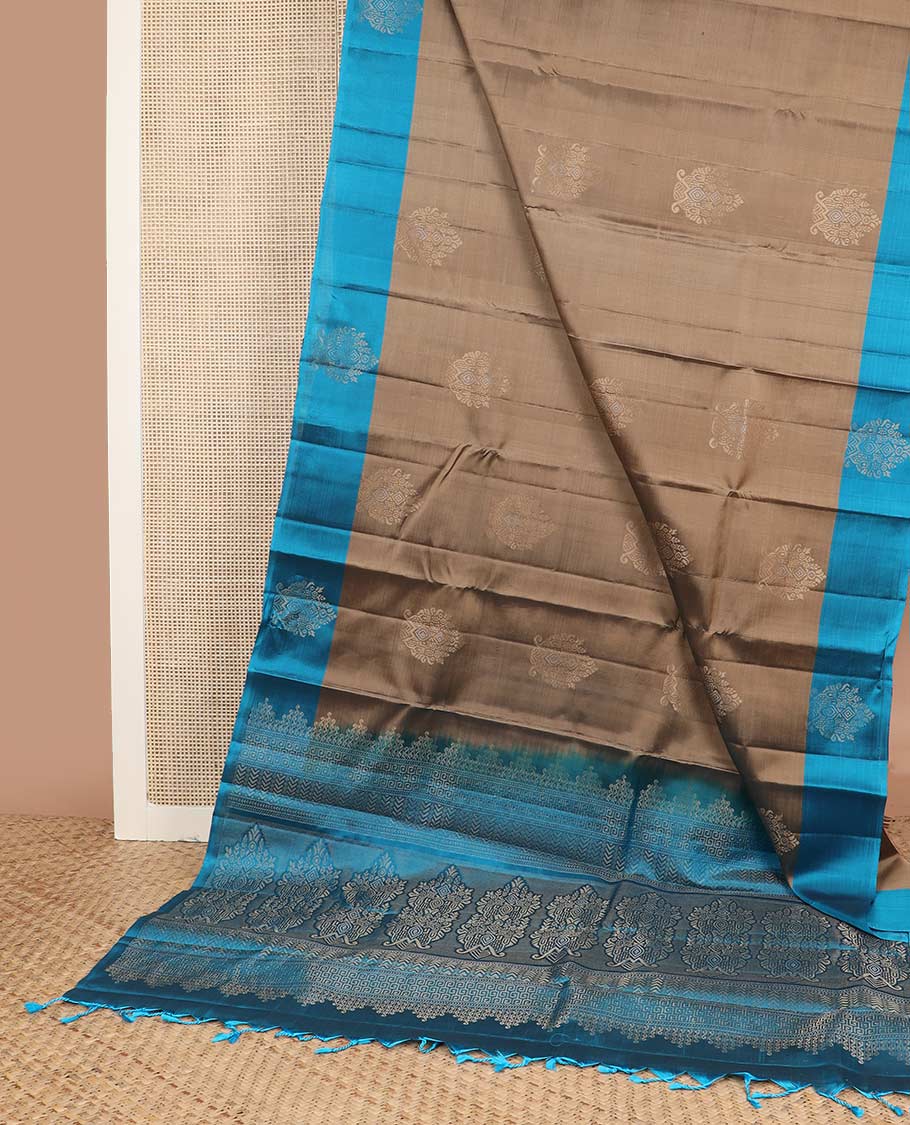Brown silk mix saree with zari buttas, contrast zari design border & geometric patterned pallu
