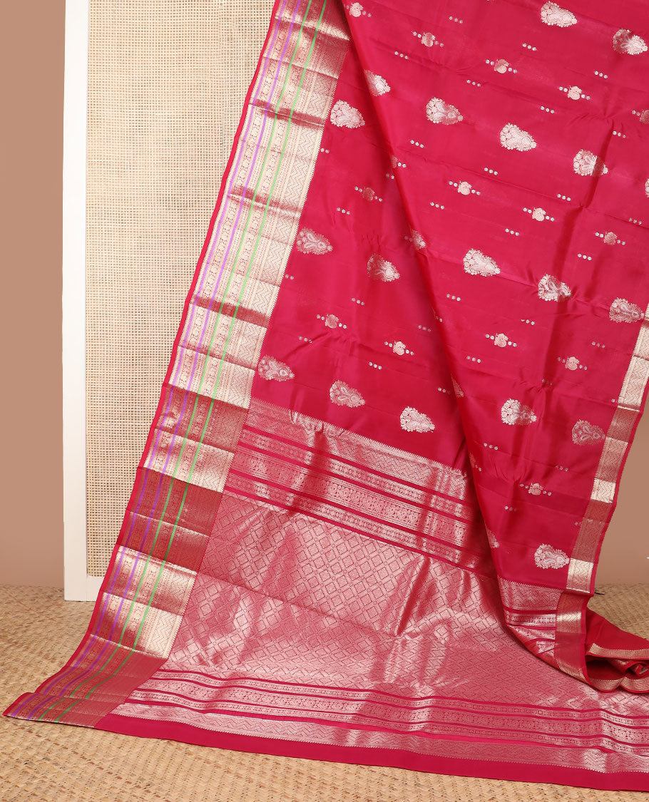 Red zari buttas vasundhara silk mix saree, jaal pallu & self-border of ara bogudi,banaras,muthu,poun,kamalam,neli & mayil