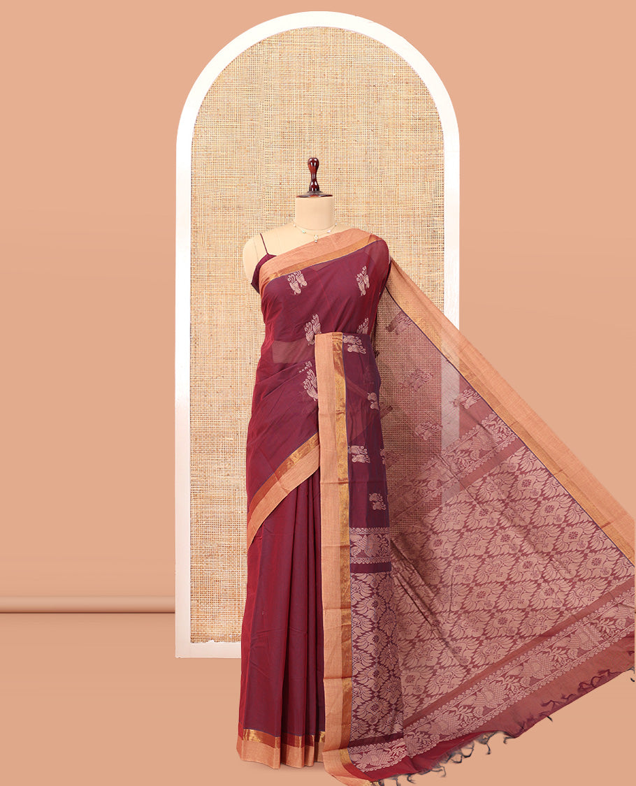 Maroon Kanchi Cotton Saree, Subtly Woven with Buttas, a Contrast Zari Border, Intricate Pallu, and a Matching Blouse