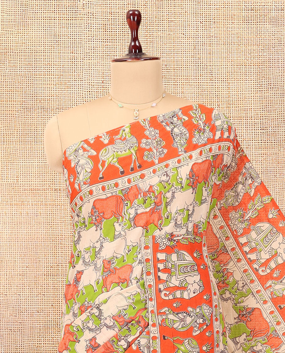 Multi-Color Kalamkari Cotton Saree, Elevated with Pichwai Cow Print, Contrast Printed Border, Kalamkari Human Motifs Pallu, and a Matching Blouse