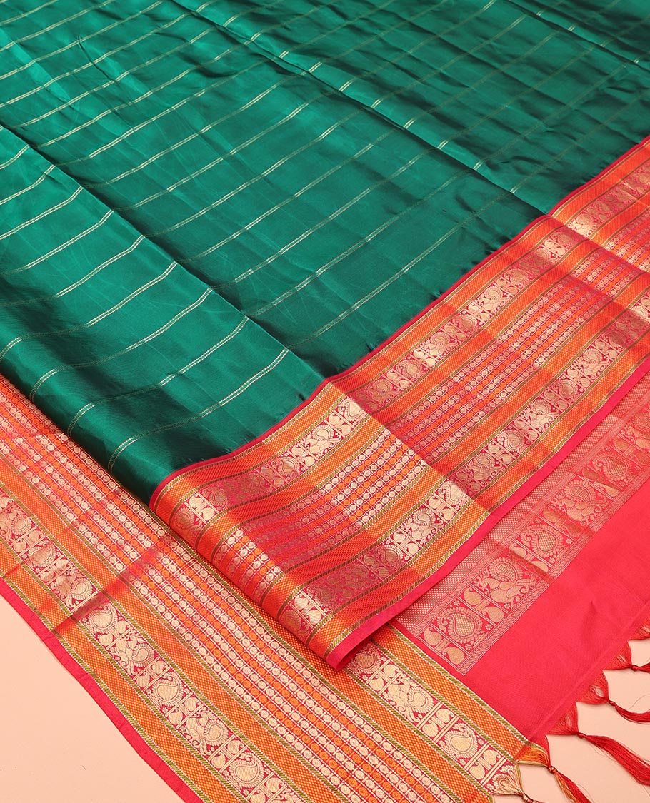 Green-Dark Pink Striped Vasundhara Lite Silk Mix Saree, Contrast Manga-Mayil Border, Contrast Blouse