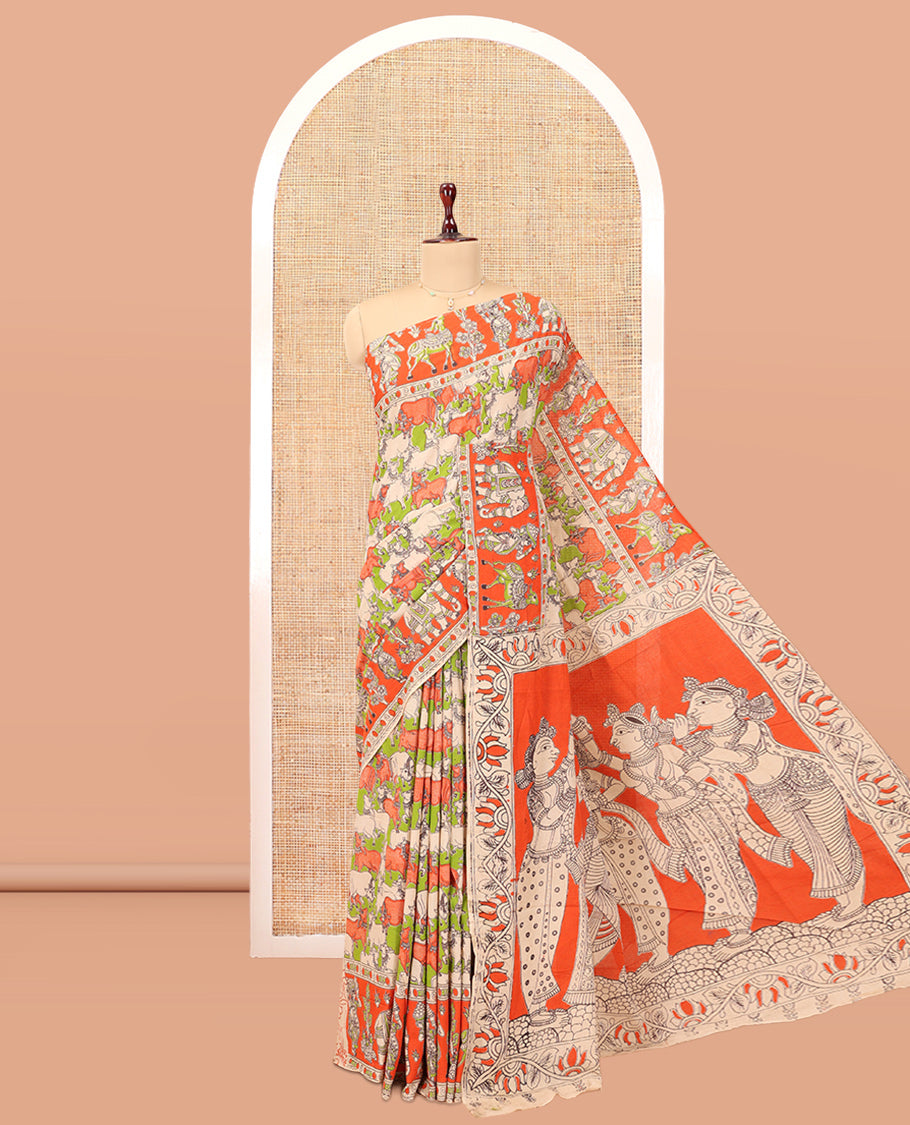 Multi-Color Kalamkari Cotton Saree, Elevated with Pichwai Cow Print, Contrast Printed Border, Kalamkari Human Motifs Pallu, and a Matching Blouse