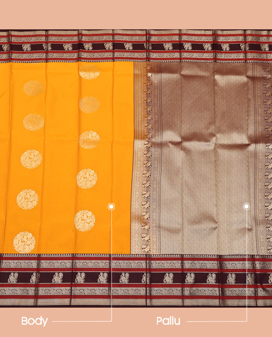 Yellow Budget Silk Saree, Adorned with Round Zari Buttas All Over Its Body, Complemented by Contrast Traditional Zari Designs Woven Border, Grand Jaal Pallu and Paired with a Contrast Blouse