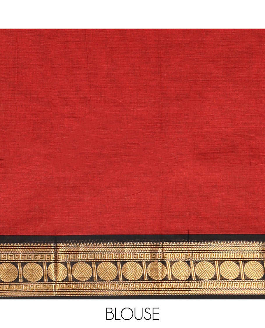 Maroon Plain Chettinad Cotton Saree, Complemented by a Contrast Rudraksham Design Traditional Zari Border, Subtly Striped Pallu, and Paired with a Matching Blouse