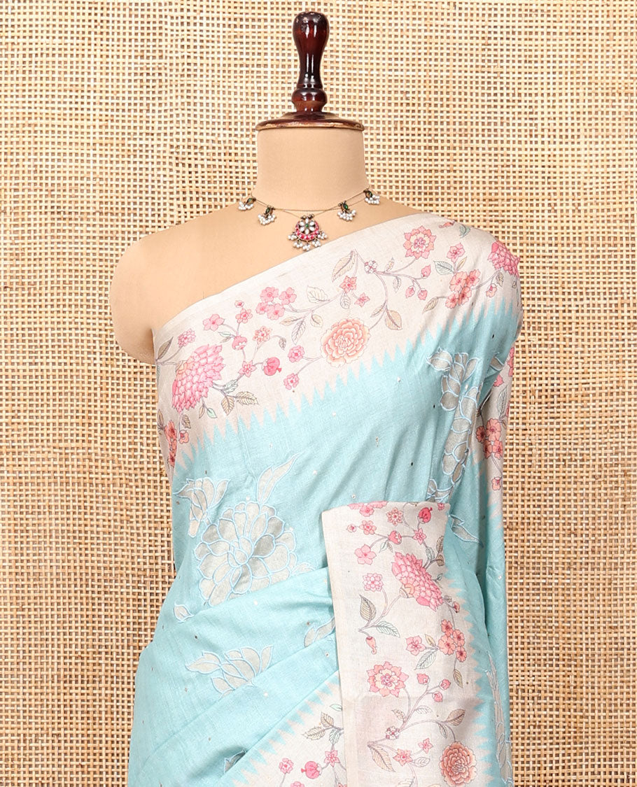 Sky Blue Fancy Tussar Silk Saree, Gleamed Up with Small Gold Buttas, and Applique Embroidery on Its Body, Complemented by a Contrast Temple Floral Creeper Printed Border, Pallu of Floral Creeper Print, and Paired with a Contrast Blouse