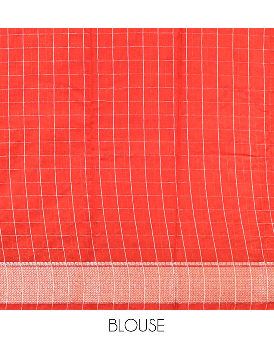 Red Assam Silk Saree, Adorned with Checks, Highlighted by a Traditional Border, a Self-Pallu, and a Matching Blouse